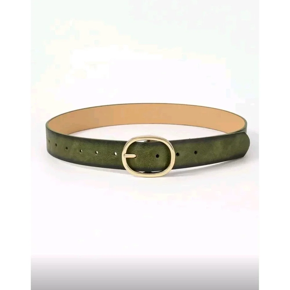 Women Olive Green Faux Leather Belt Gold Oval Buckle Casual Dress Jeans‎ 44 inch